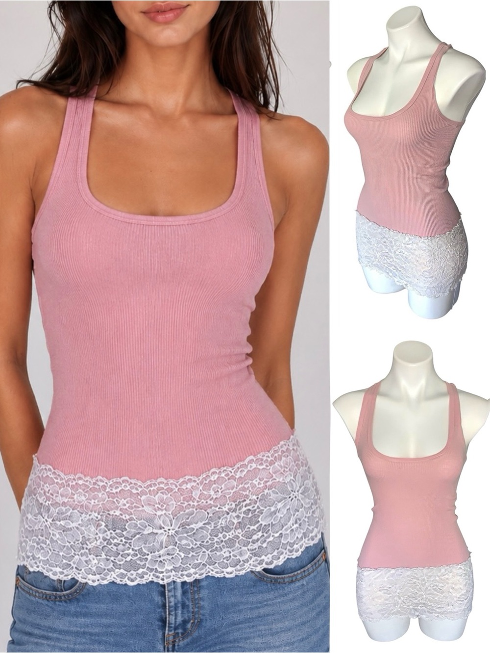 Mimi & Coco Long Y2K Ribbed Lace Tank Top